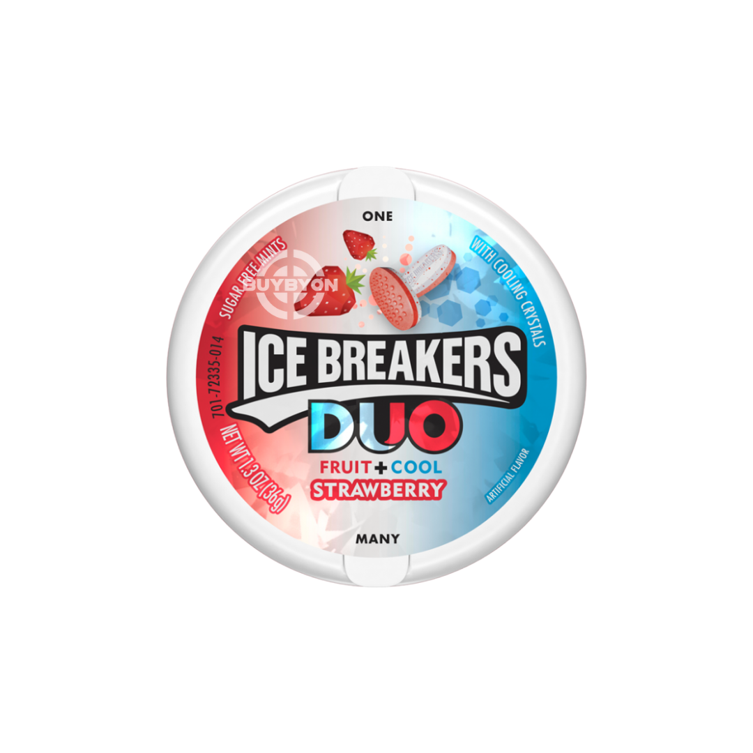 Ice Breakers Duo Mints Strawberry - 36g showing a resealable pack of mints with a sweet strawberry and refreshing mint flavour combination, perfect for on-the-go freshness and a unique taste experience.