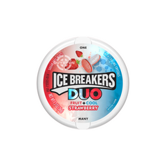 Ice Breakers Duo Mints Strawberry - 36g showing a resealable pack of mints with a sweet strawberry and refreshing mint flavour combination, perfect for on-the-go freshness and a unique taste experience.