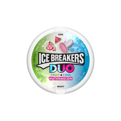 Ice Breakers Duo Mints Watermelon - 36g showing a resealable pack of mints with a juicy watermelon and refreshing mint flavour combination, offering a unique and convenient treat for freshening breath on the go