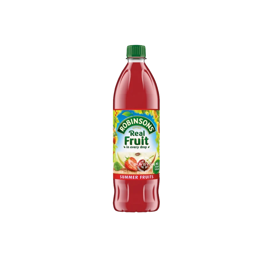 Robinsons Summer Fruits No Added Sugar Squash - 750ml bottle featuring vibrant summer berry imagery, distinctive Robinsons branding, and a description of the no added sugar, berry-infused flavour. Perfectly refreshing for any occasion