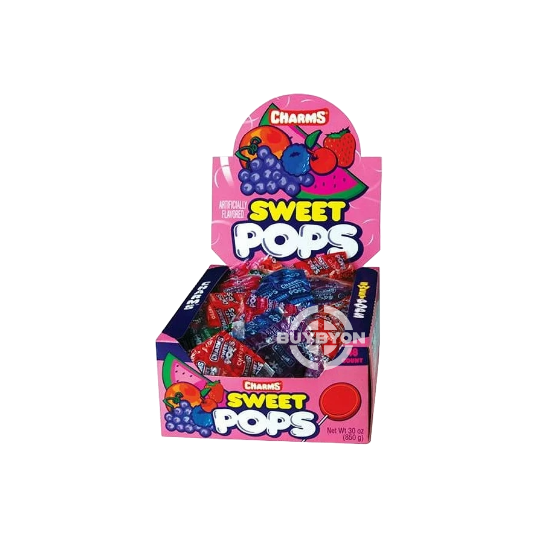 A box of Charms Pop Sweet Lollipops 48ct - 17g featuring colourful lollipops, highlighting the fun and appealing variety of sweet flavours in this pack.