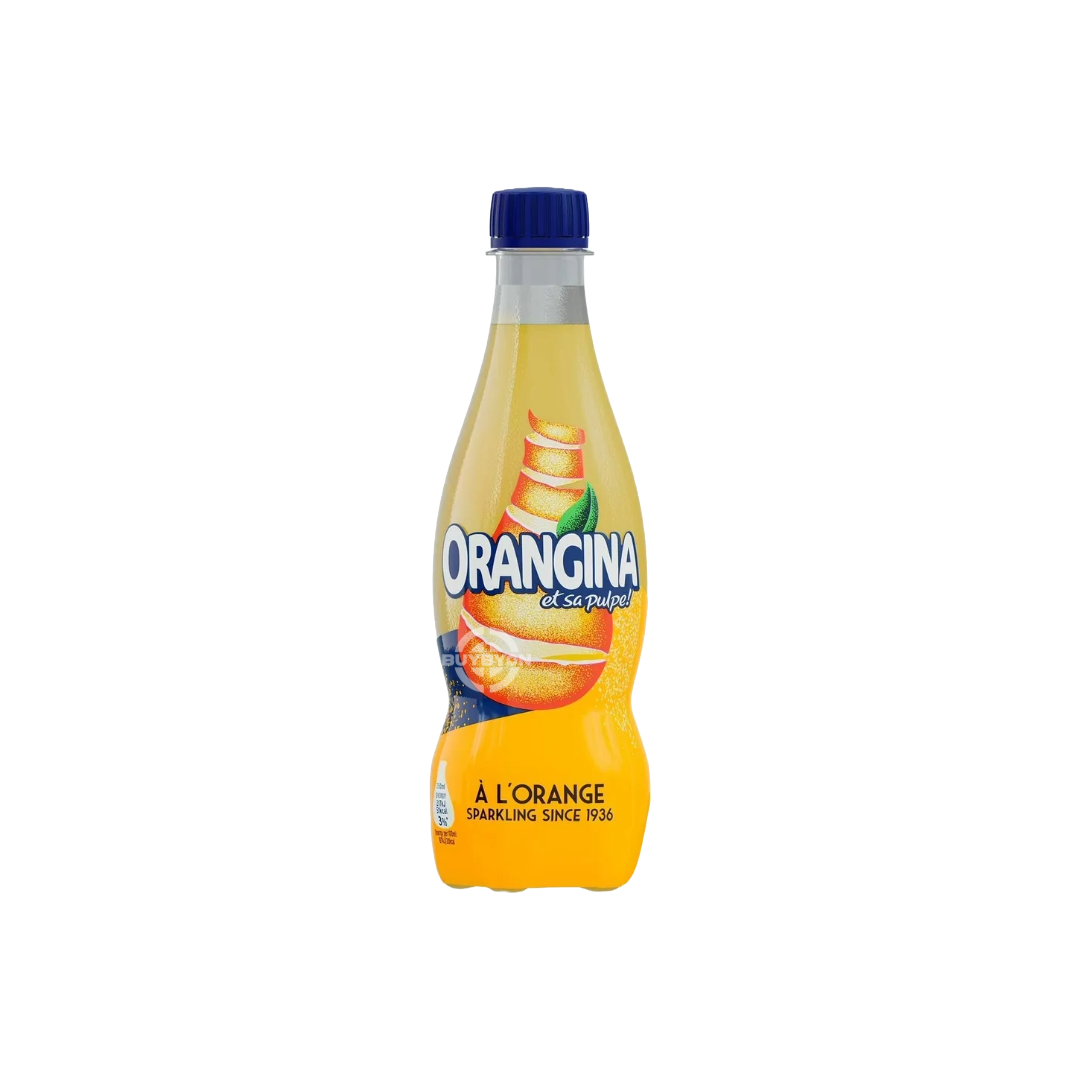 Orangina Sparkling Fruit Drink Orange - 420ml bottle featuring vibrant orange imagery and distinctive Orangina branding. The description highlights the sparkling, citrus-infused flavour with real orange pulp for an authentic and refreshing drink experience.