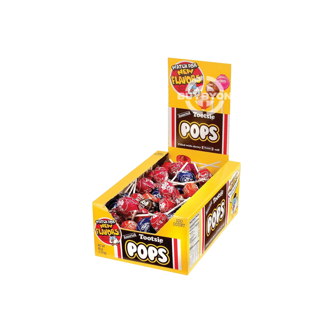 A box of Tootsie Pops - 17g featuring assorted lollipops with vibrant candy shells and a chocolatey centre, highlighting the classic and colourful appeal of this beloved sweet treat.