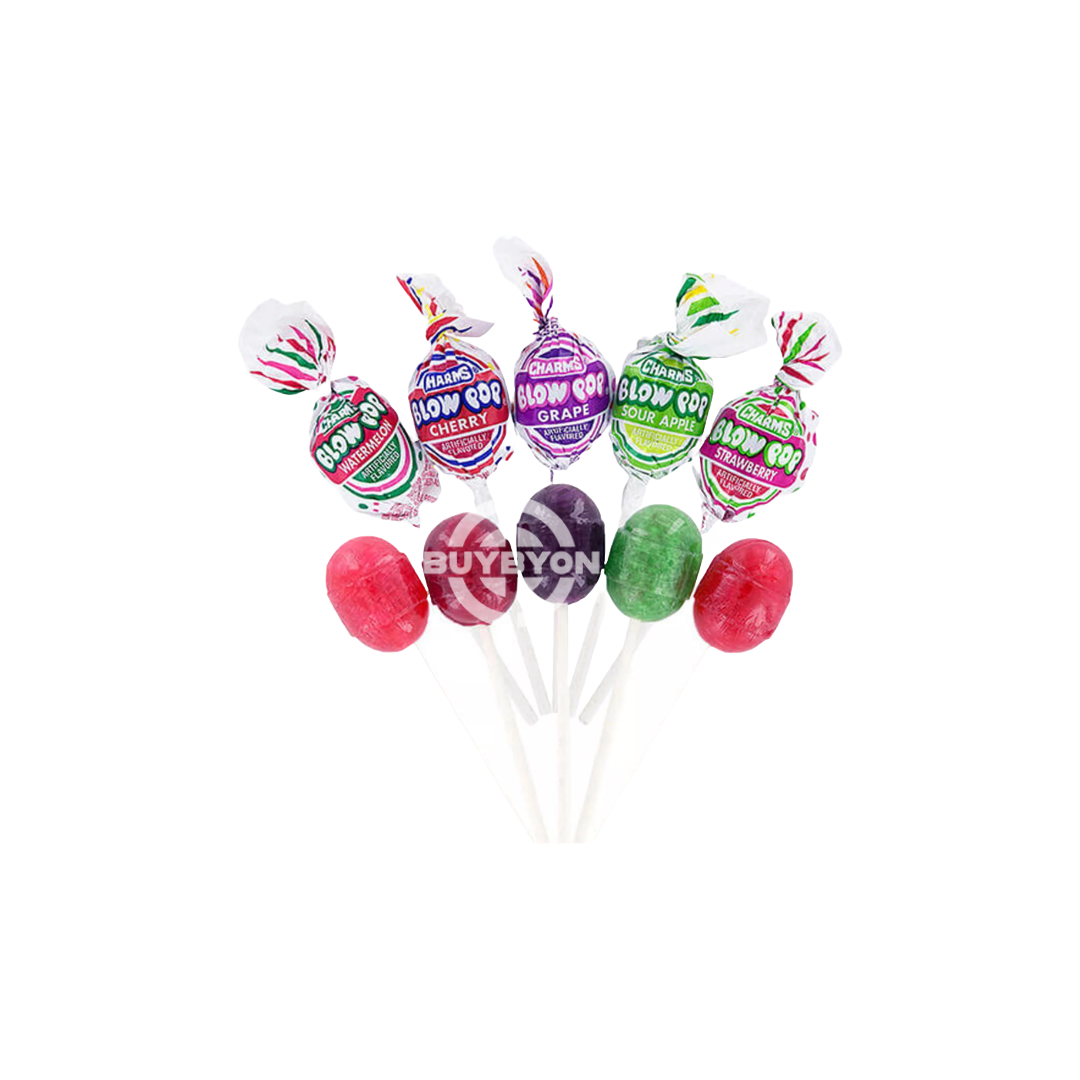 A colourful assortment of Blow Pop Assorted - 18g lollipops featuring vibrant candy shells and a bubble gum centre, highlighting the playful and sweet appeal of this fun treat.