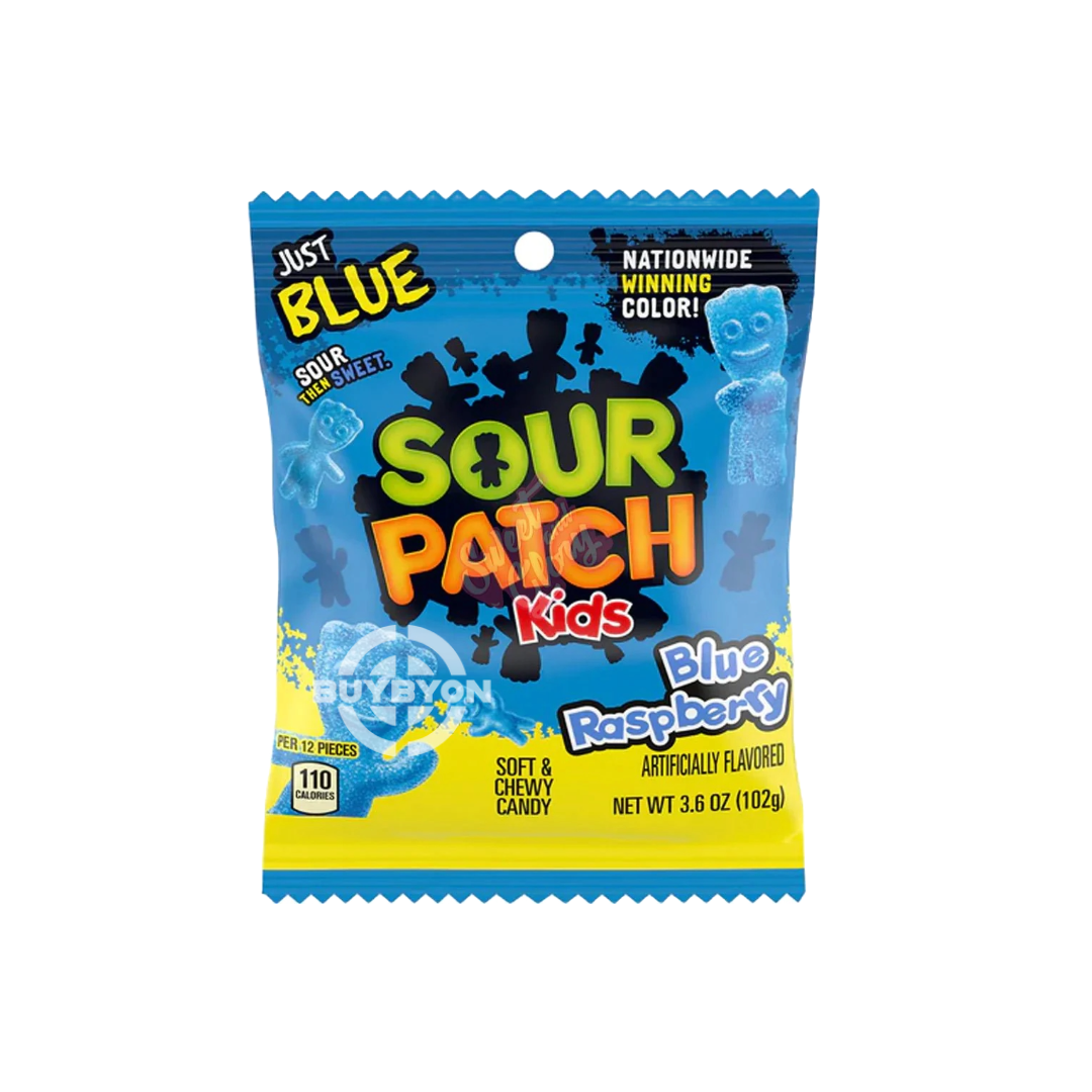 A bag of Sour Patch Kids Blue Raspberry - 102g featuring blue, tangy candies shaped like kids, highlighting the fun and vibrant appeal of this sweet and sour treat.