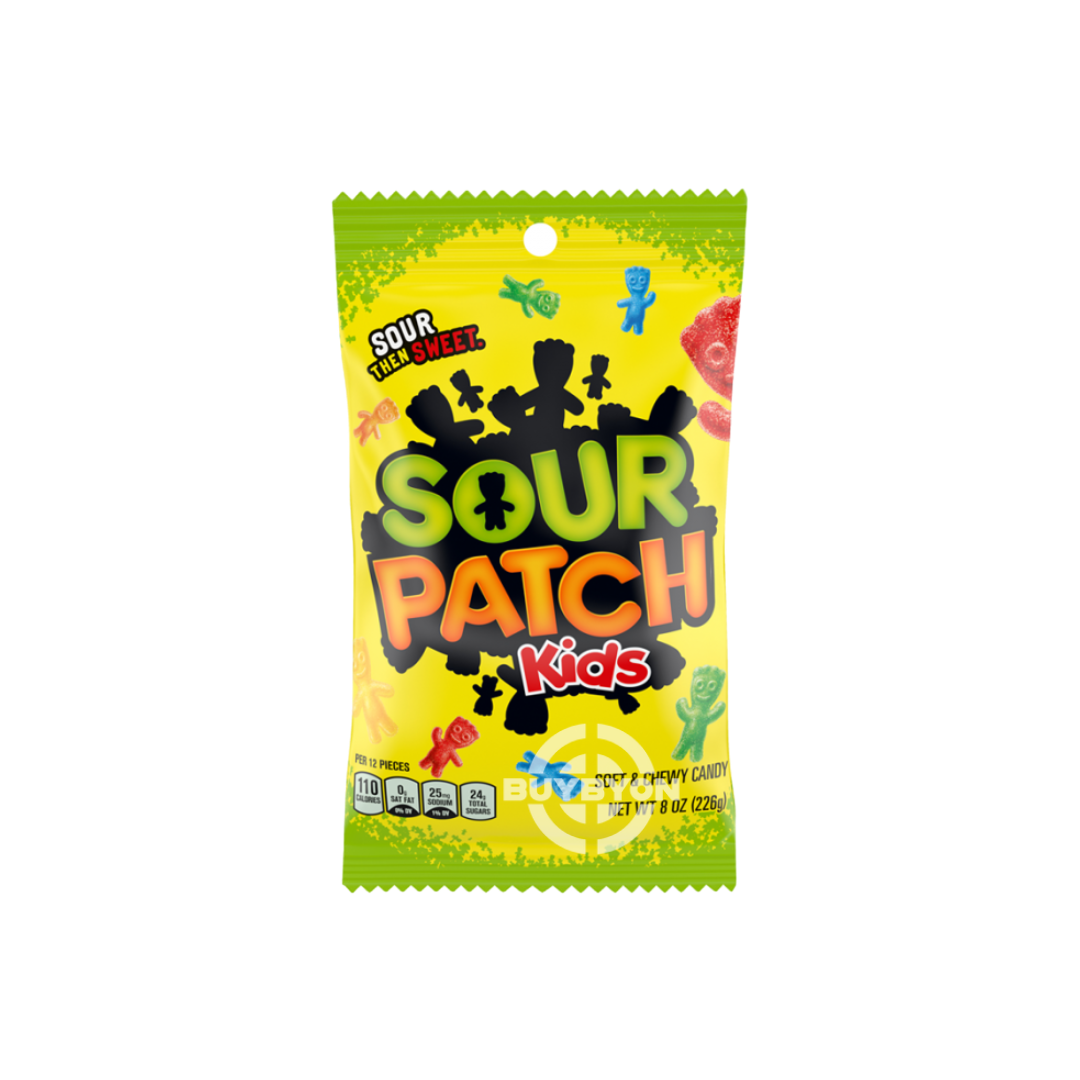 A bag of Sour Patch Kids - 226g featuring colourful, tangy candies shaped like kids, highlighting the fun and vibrant appeal of this sweet and sour treat.