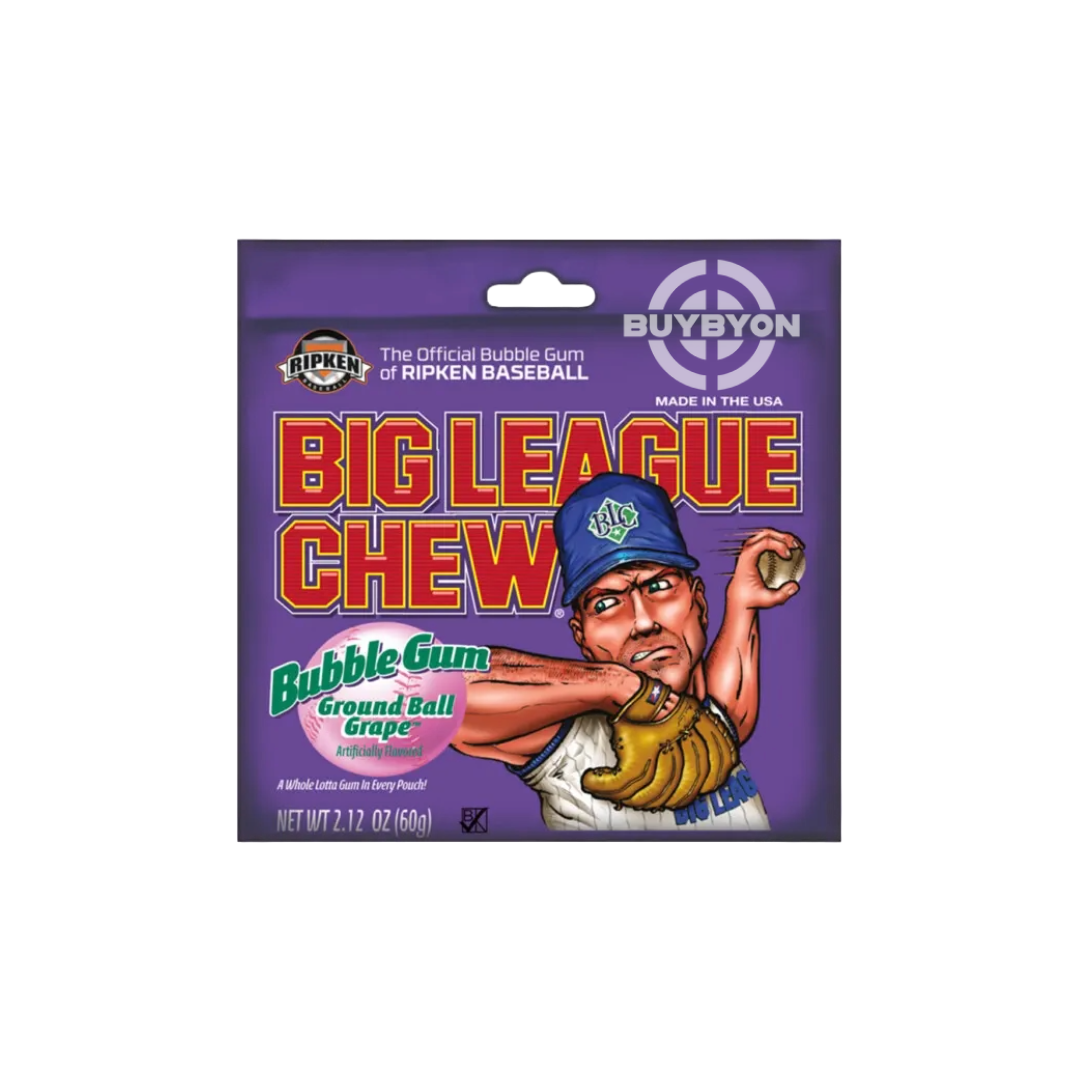 A pack of Big League Chew Grape - 60g featuring vibrant packaging with shredded grape-flavoured gum inside, highlighting the fun and nostalgic appeal of this playful treat.