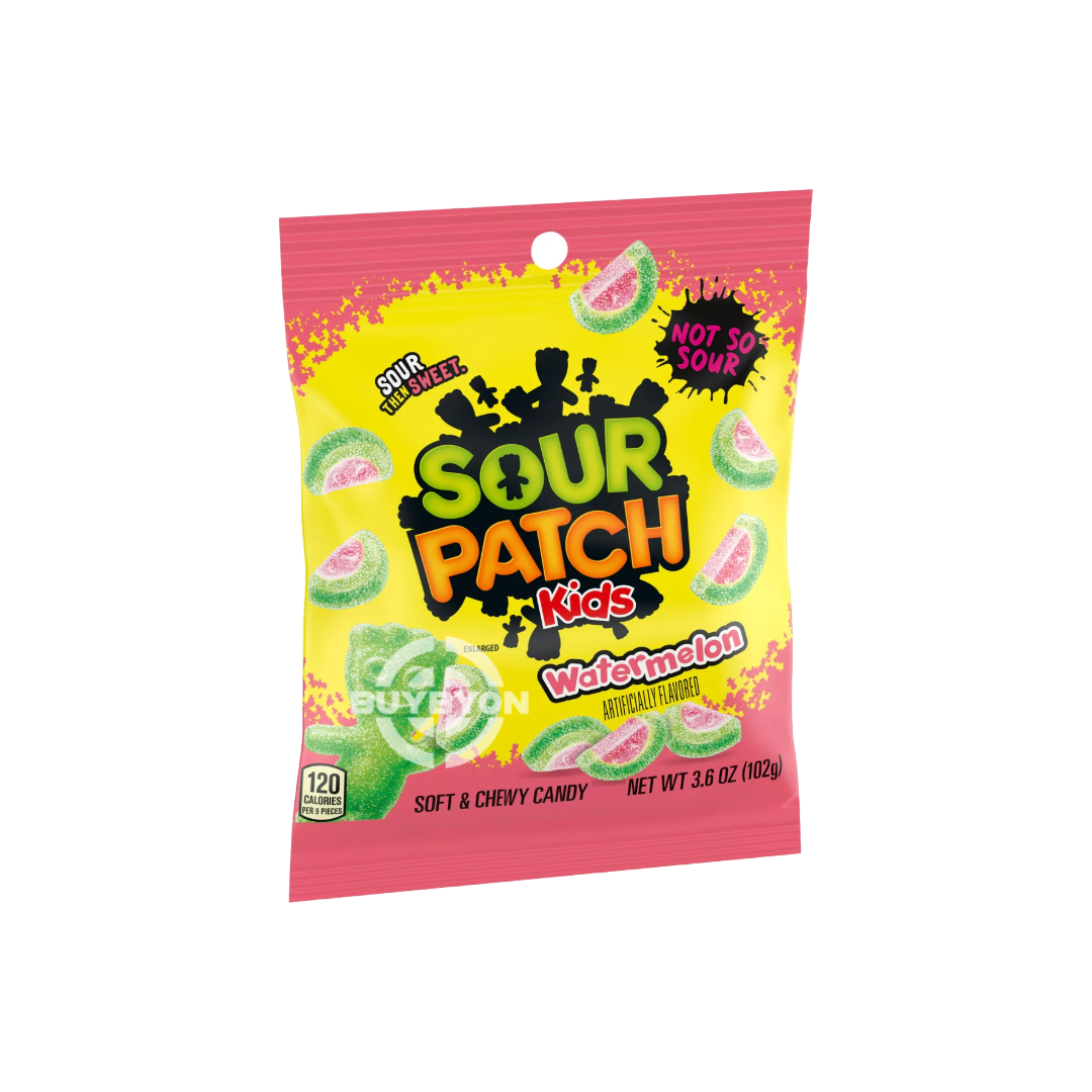 A bag of Sour Patch Watermelon - 226g featuring colourful, tangy watermelon-shaped candies, highlighting the fun and vibrant appeal of this sweet and sour treat.