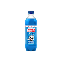 Slush Puppie Fizzie Blue Raspberrie - 500ml bottle featuring vibrant blue raspberry imagery, distinctive Slush Puppie branding, and a description of the fizzy, refreshing drink. Perfectly cool and bubbly for any occasion, offering a nostalgic and fun beverage experience.