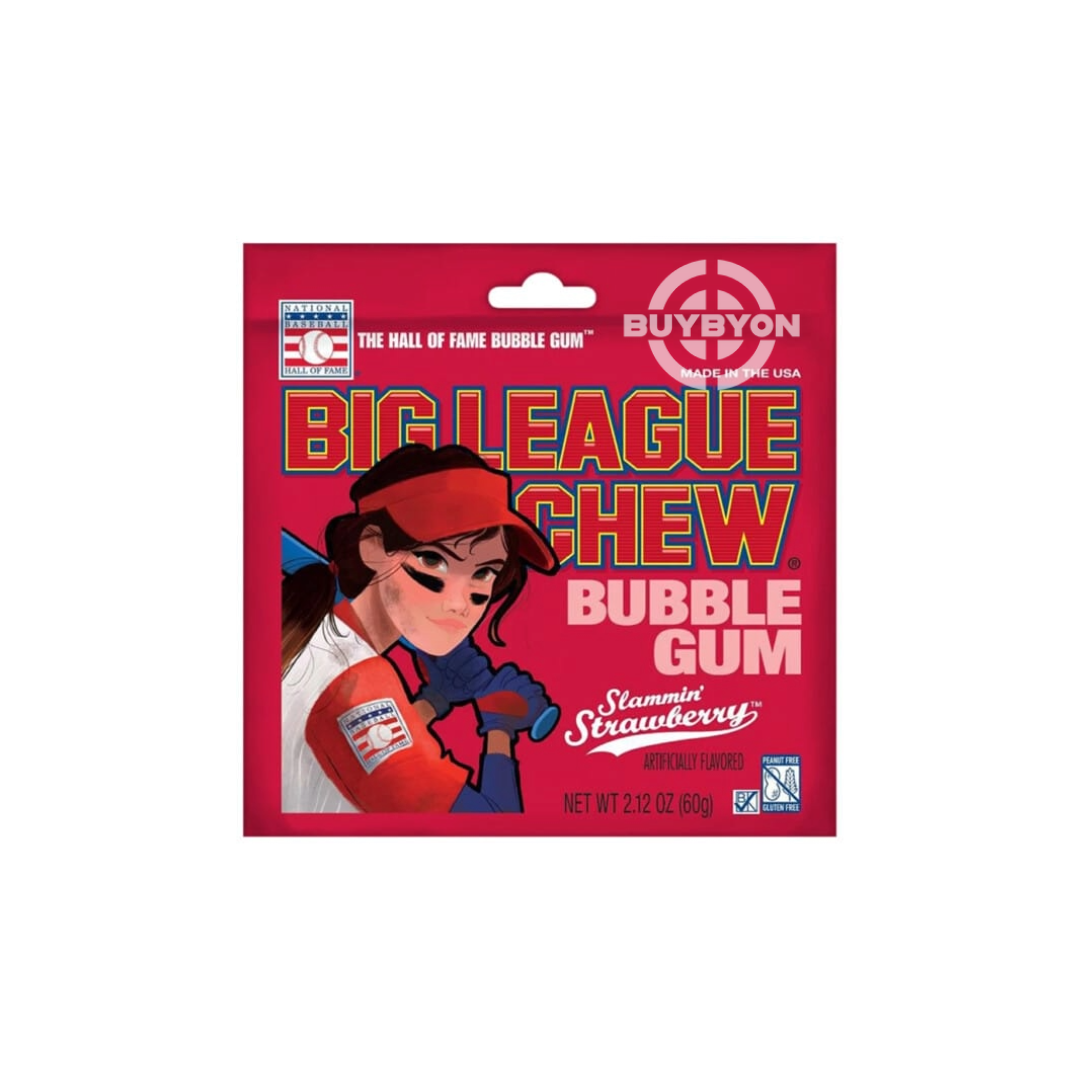 A pack of Big League Chew Girl Strawberry - 60g featuring vibrant packaging with shredded strawberry-flavoured gum inside, highlighting the fun and nostalgic appeal of this playful treat.