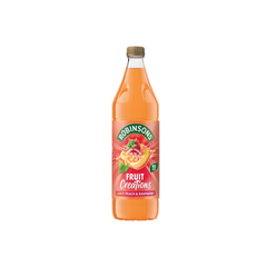 Robinsons Fruit Creations Peach & Raspberry Squash - 750ml bottle featuring vibrant peach and raspberry imagery, distinctive Robinsons branding, and a description of the no added sugar, fruit-infused flavour. Perfectly refreshing for any occasion