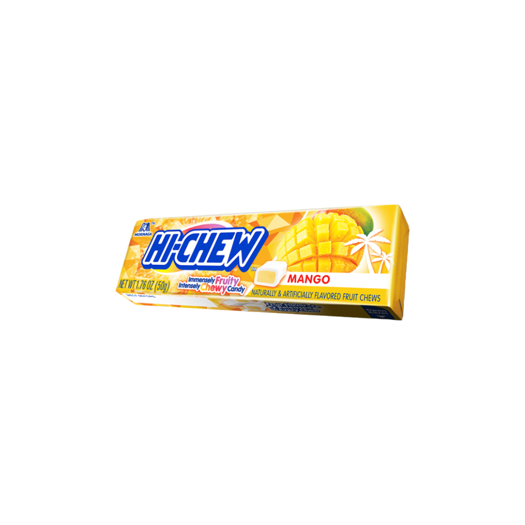 A pack of Hi Chew Mango - 50g featuring vibrant packaging with mango-flavoured chews inside, highlighting the tropical and delicious appeal of this chewy treat.