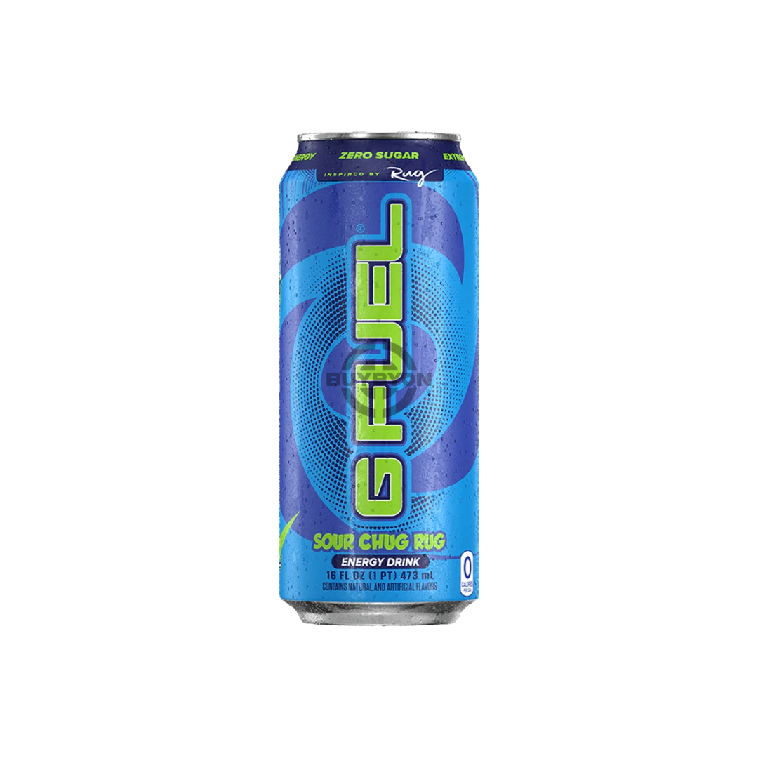 G Fuel-Sour Chug Rug Zero Sugar Energy Drink - 473ml – A vibrant energy drink can featuring bold graphics, offering zero sugar and premium energy with a tangy, sour flavour.