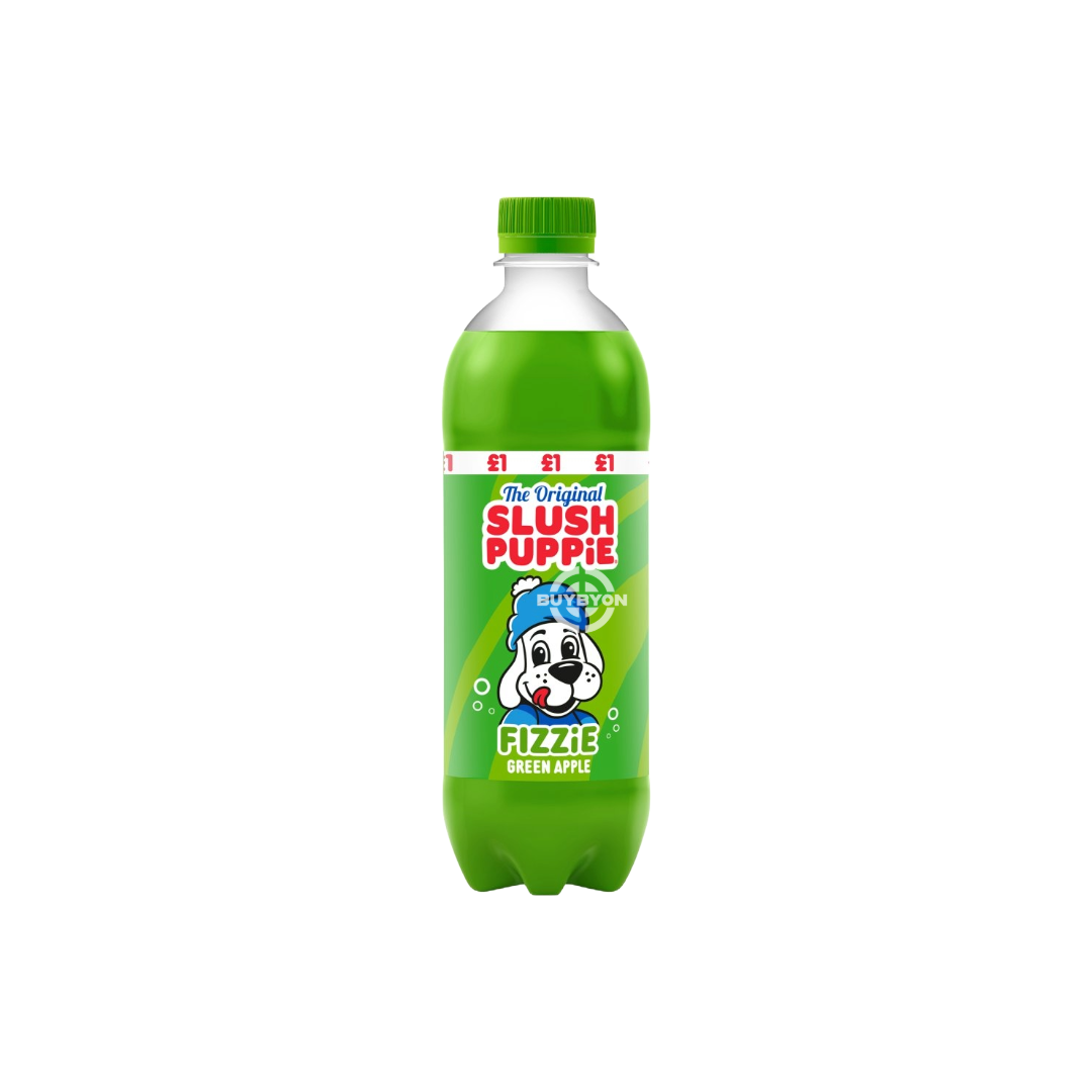 Slush Puppie The Original Fizzie Green Apple - 500ml bottle featuring vibrant green apple imagery, distinctive Slush Puppie branding, and a description of the fizzy, refreshing drink. Perfectly crisp and bubbly for any occasion, offering a nostalgic and fun beverage experience.