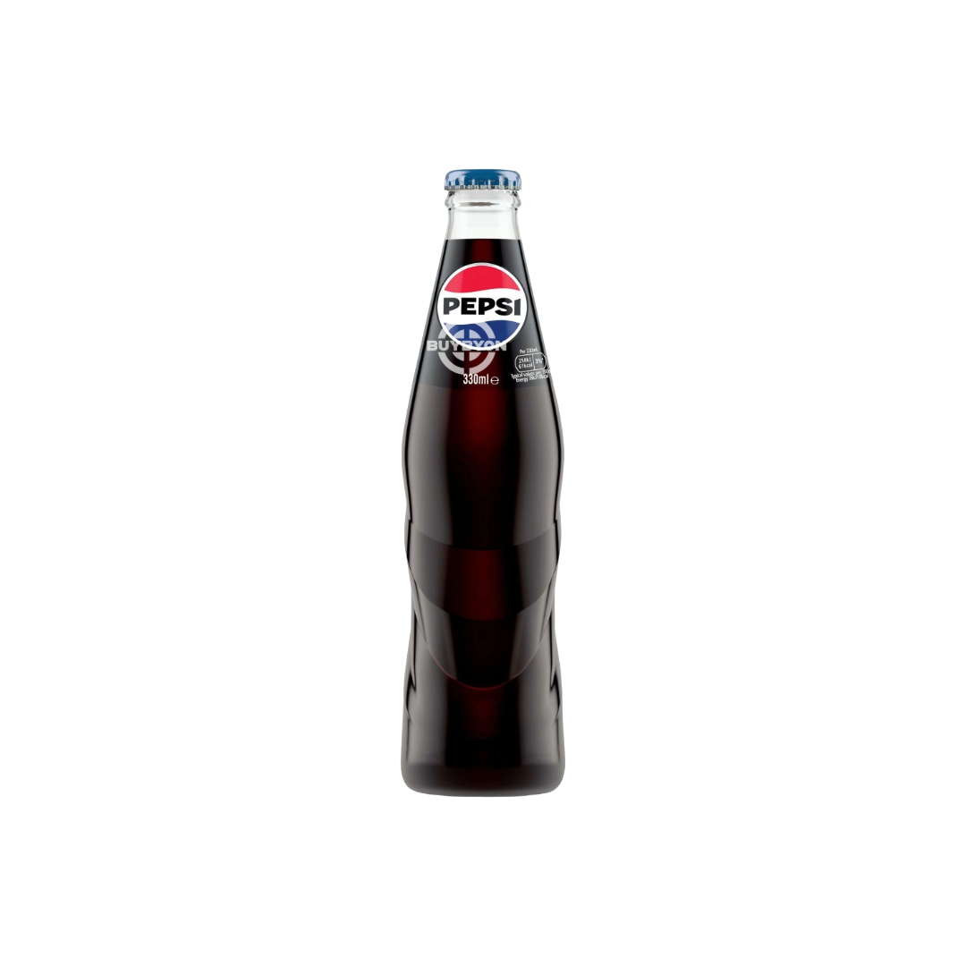 Pepsi Cola Glass Bottles - 330ml featuring a classic glass bottle design with a sleek Pepsi label. The image highlights the refreshing cola drink inside, showcasing its traditional and premium presentation, ideal for a superior cola experience.