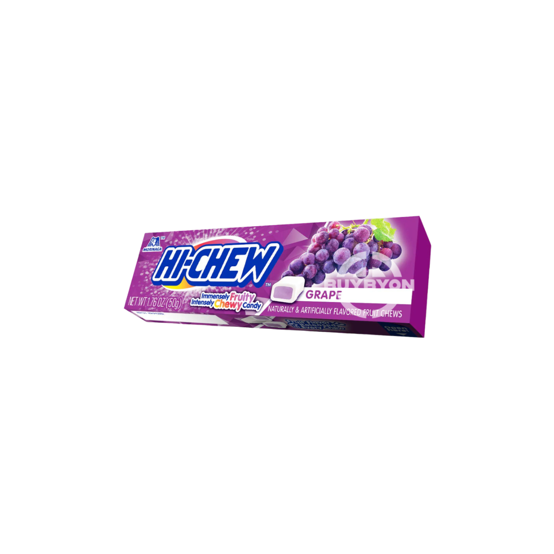 A pack of Hi Chew Grape - 50g featuring vibrant packaging with grape-flavoured chews inside, highlighting the rich and delicious appeal of this chewy treat.