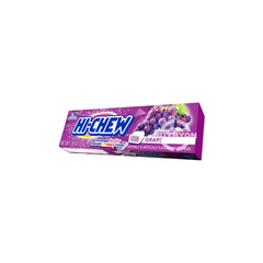 A pack of Hi Chew Grape - 50g featuring vibrant packaging with grape-flavoured chews inside, highlighting the rich and delicious appeal of this chewy treat.