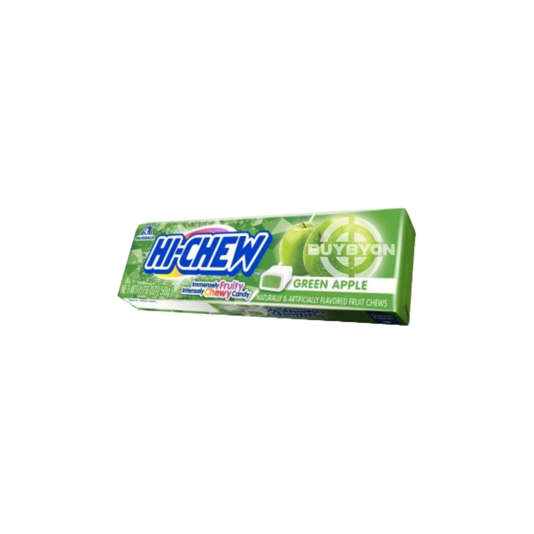 A pack of Hi Chew Green Apple - 50g featuring vibrant packaging with green apple-flavoured chews inside, highlighting the crisp and delicious appeal of this chewy treat.