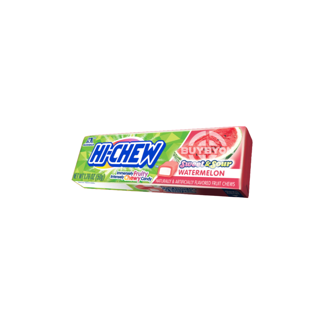 A pack of Hi Chew Watermelon - 50g featuring vibrant packaging with watermelon-flavoured chews inside, highlighting the juicy and refreshing appeal of this chewy treat.