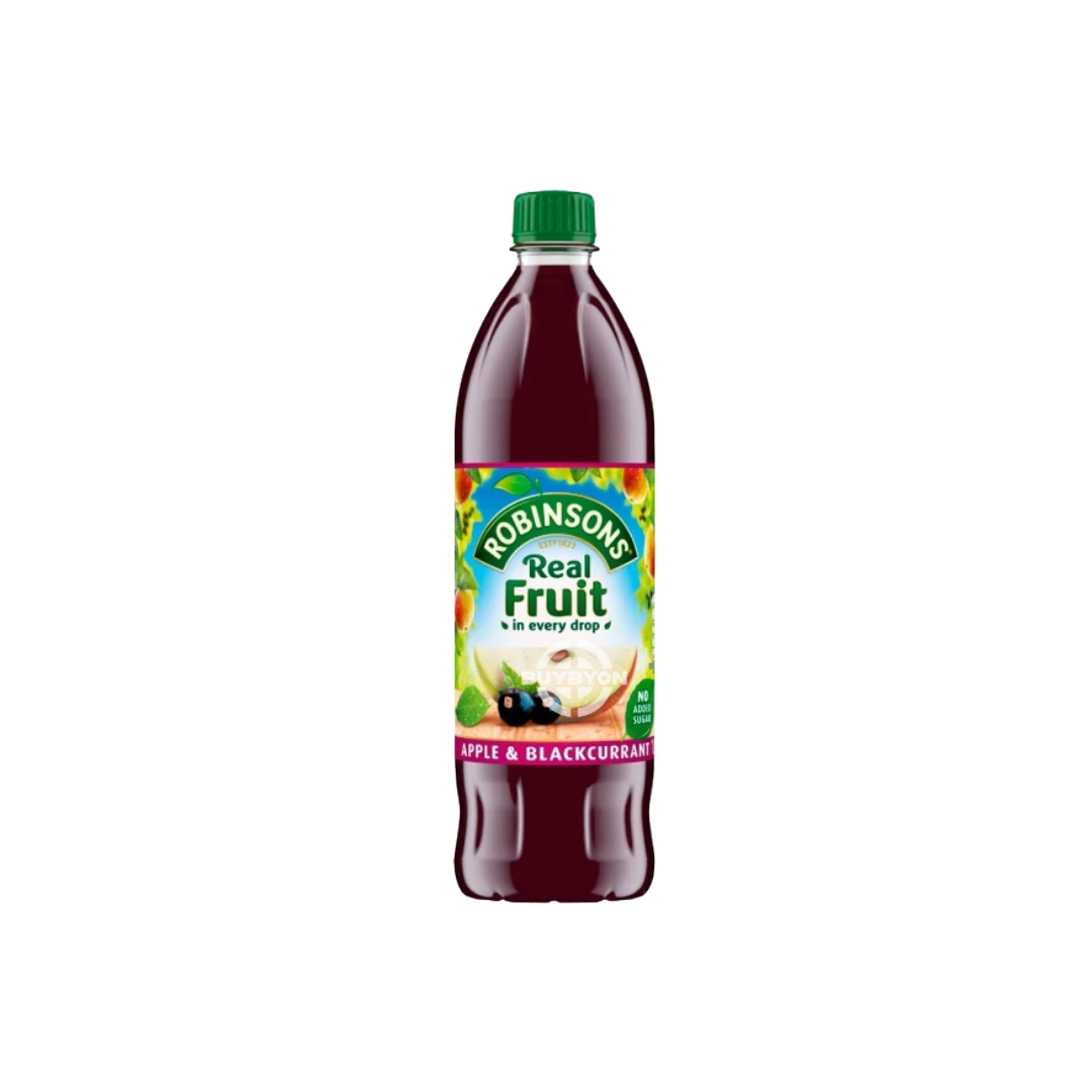 Robinsons Apple & Blackcurrant No Added Sugar Squash - 750ml bottle featuring vibrant apple and blackcurrant imagery, distinctive Robinsons branding, and a description of the no added sugar, fruit-infused flavour. Perfectly refreshing for any occasion.