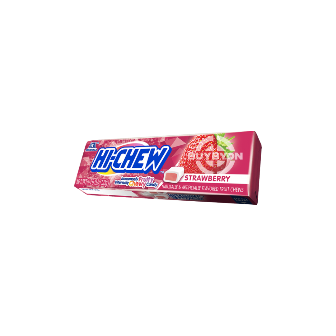 A pack of Hi Chew Strawberry - 50g featuring vibrant packaging with strawberry-flavoured chews inside, highlighting the sweet and delicious appeal of this chewy treat.