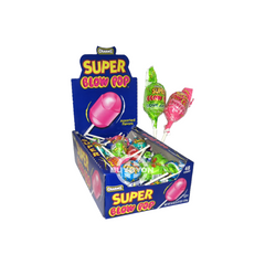 A colourful assortment of Super Blow Pop - 32g lollipops featuring vibrant candy shells and a bubble gum centre, highlighting the playful and sweet appeal of this fun treat.