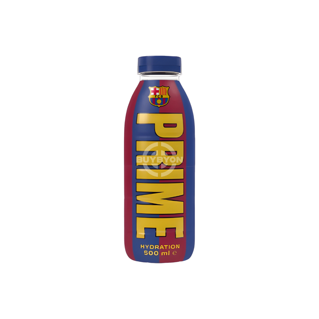 Prime Hydration FC Barcelona Limited Edition 500ml bottle featuring the iconic FC Barcelona crest and team colours, highlighting the premium sports drink designed for hydration and performance.