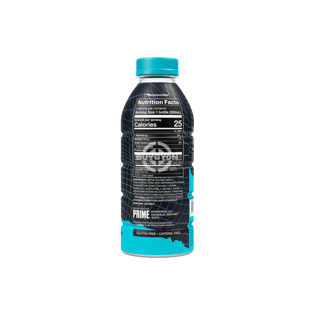 Prime Hydration Blue 'X' Limited Edition - 500ml bottle back side view 