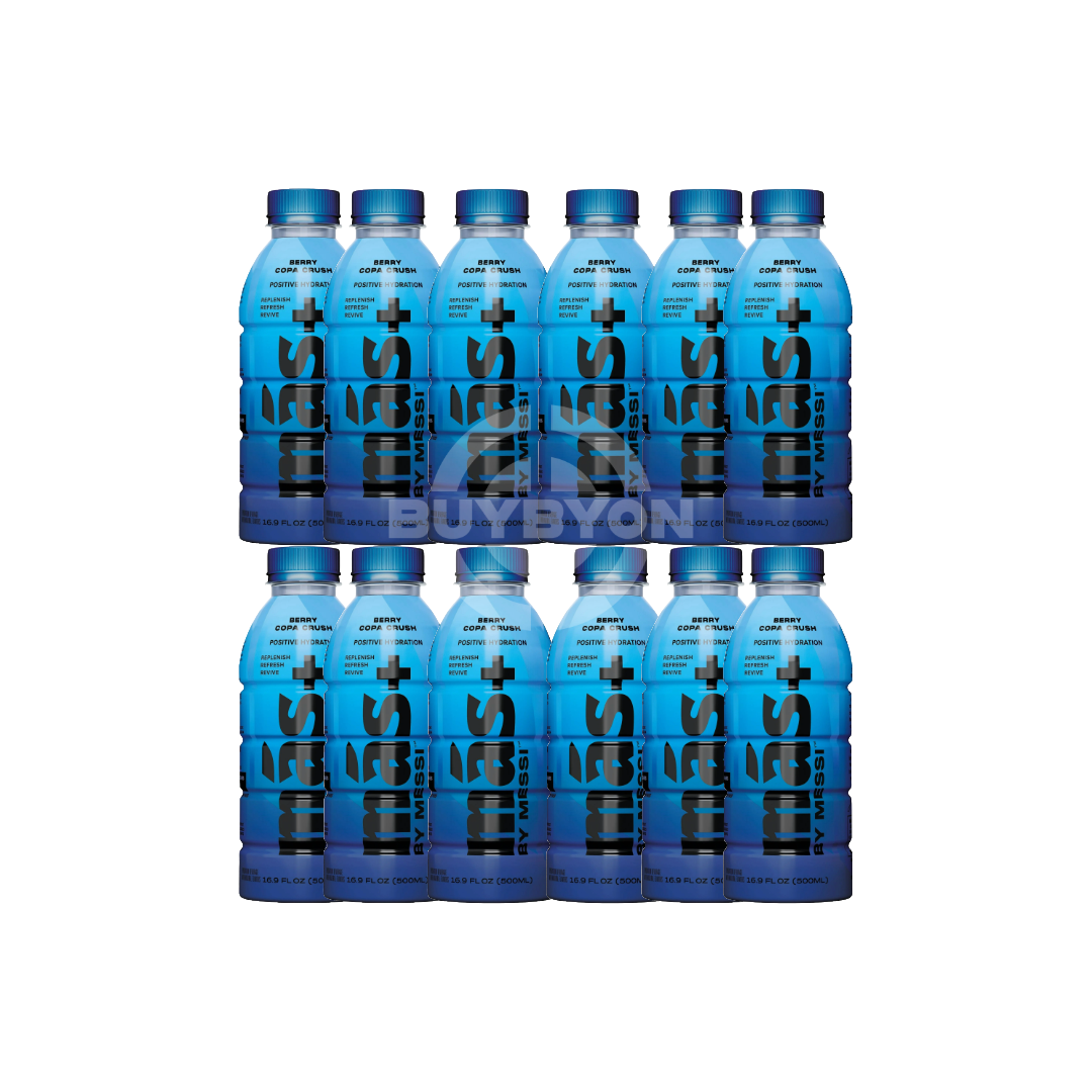 "MAS+ Hydration By Lionel Messi Berry Copa Crush - 500ml Case of 12, featuring a refreshing berry flavour and a premium hydration formula endorsed by Lionel Messi."