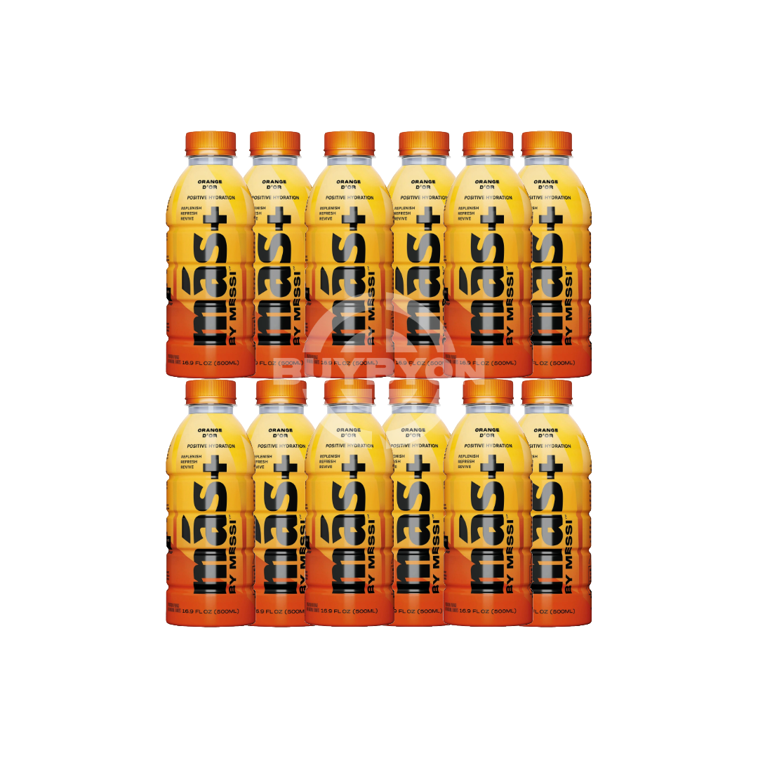 MAS+ Hydration By Lionel Messi Orange D'or 500ml bottle case of 12, featuring sleek packaging with Lionel Messi's signature and vibrant orange design.