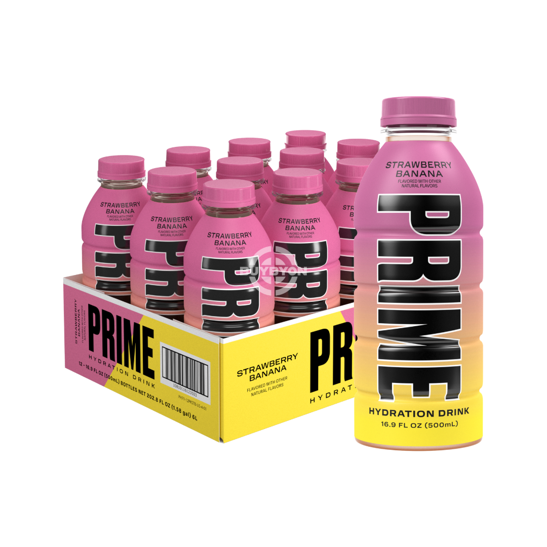 Prime Hydration Strawberry Banana - 500ml Case of 12, featuring a refreshing blend of strawberry and banana flavours and a superior hydration formula.