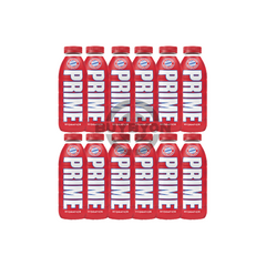 Prime Hydration FC Bayern Munich 500ml Case of 12 featuring red and white bottles with FC Bayern Munich branding, emphasizing hydration and team spirit.