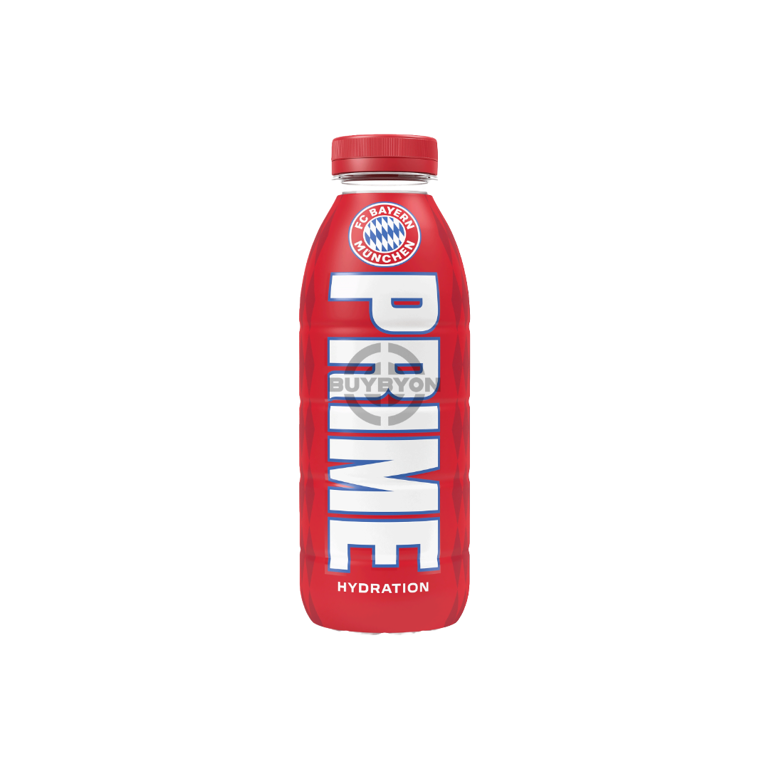 Prime Hydration FC Bayern Munich - 500ml bottle showcasing the sleek design, highlighting FC Bayern Munich branding and the hydration drink's distinctive features.