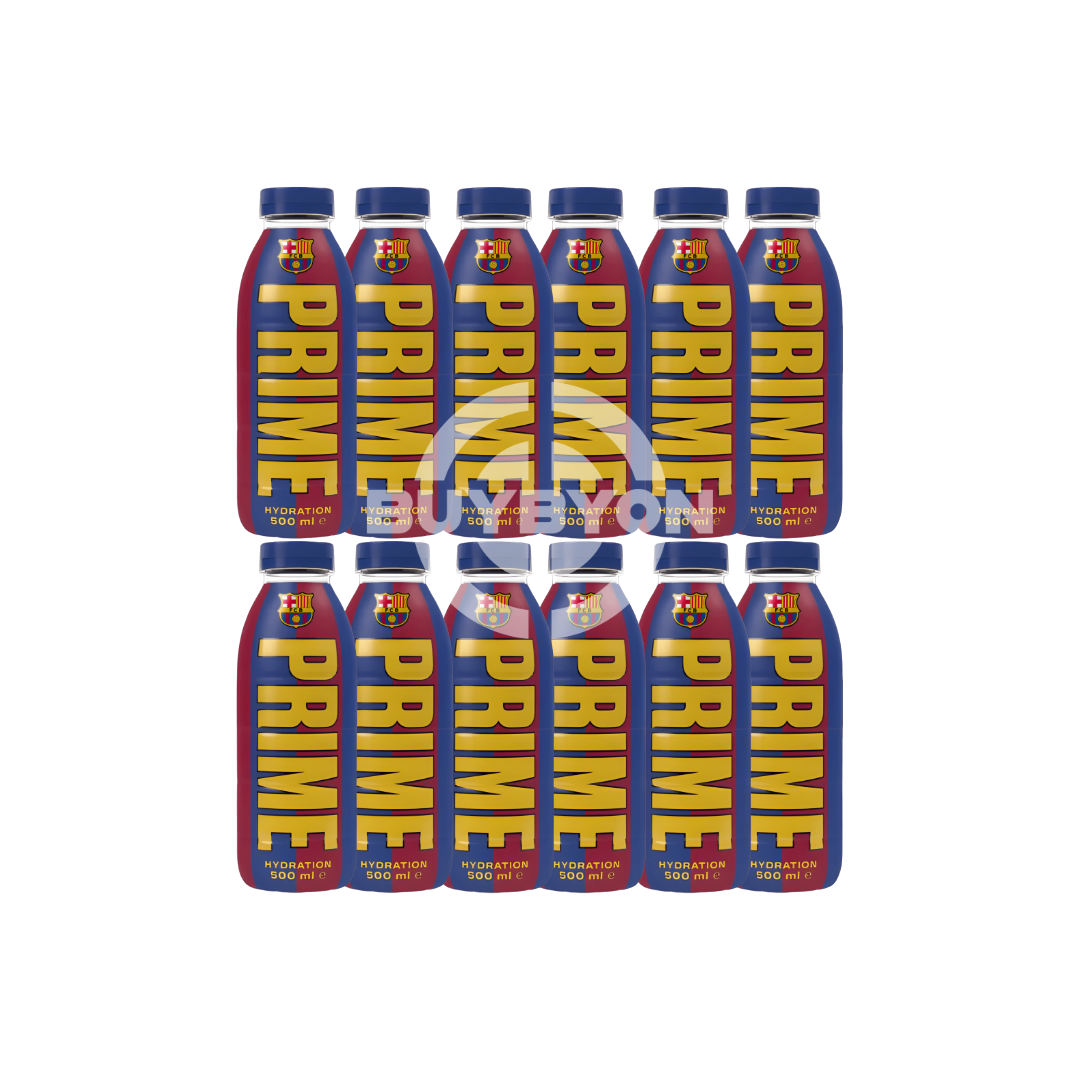 Prime Hydration FC Barcelona Limited Edition 500ml Case of 12 bottles featuring the iconic club colours and logo, perfect for fans and athletes seeking optimal hydration.