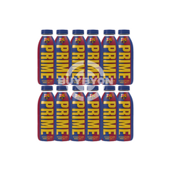 Prime Hydration FC Barcelona Limited Edition 500ml Case of 12 bottles featuring the iconic club colours and logo, perfect for fans and athletes seeking optimal hydration.