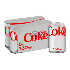 Diet Coke - 330ml Case of 6 cans, featuring classic silver packaging, known for its iconic crisp, refreshing taste with zero sugar