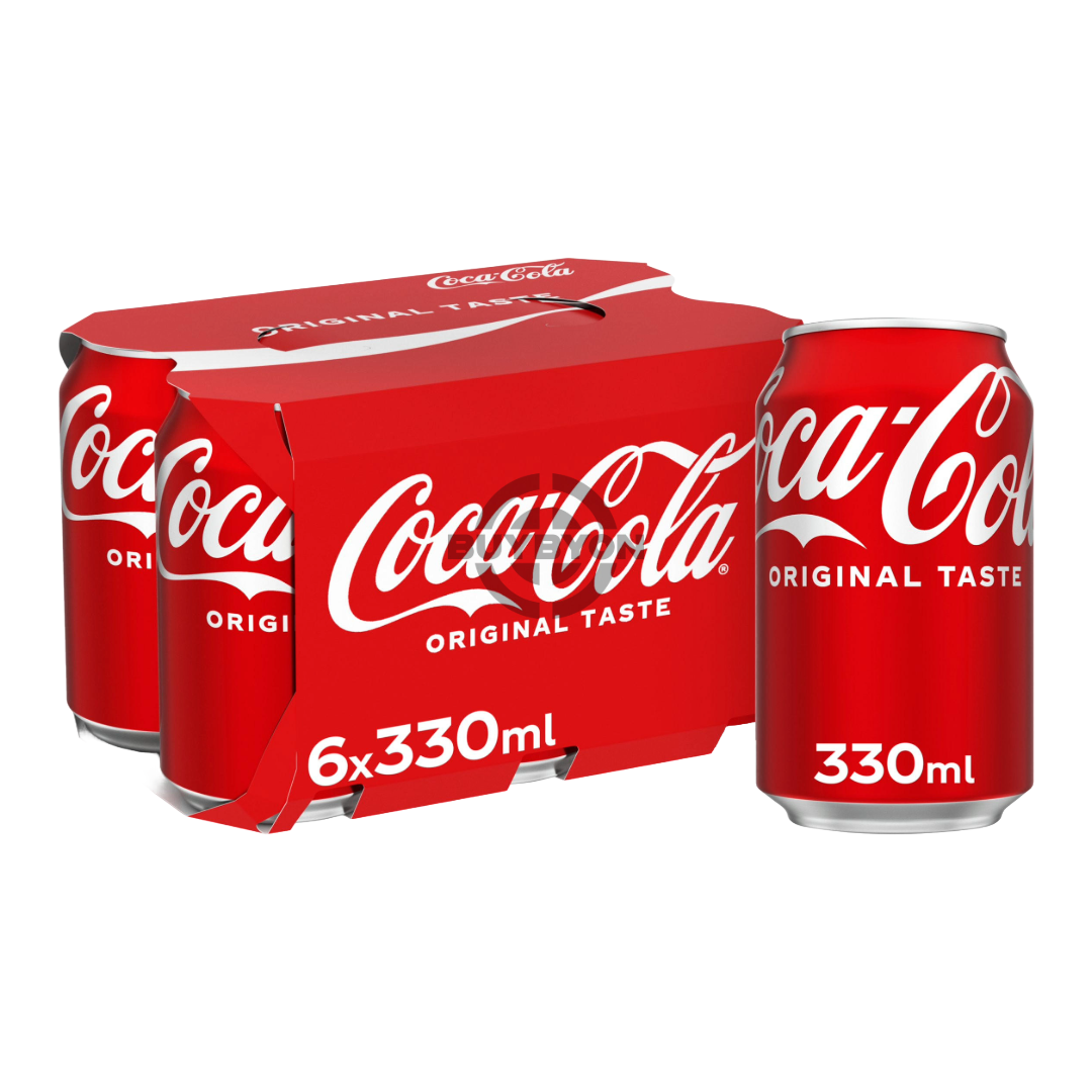 Coca-Cola Original Taste - 330ml Case of 6 cans, featuring the iconic red and white branding, known for its classic and refreshing cola flavour.