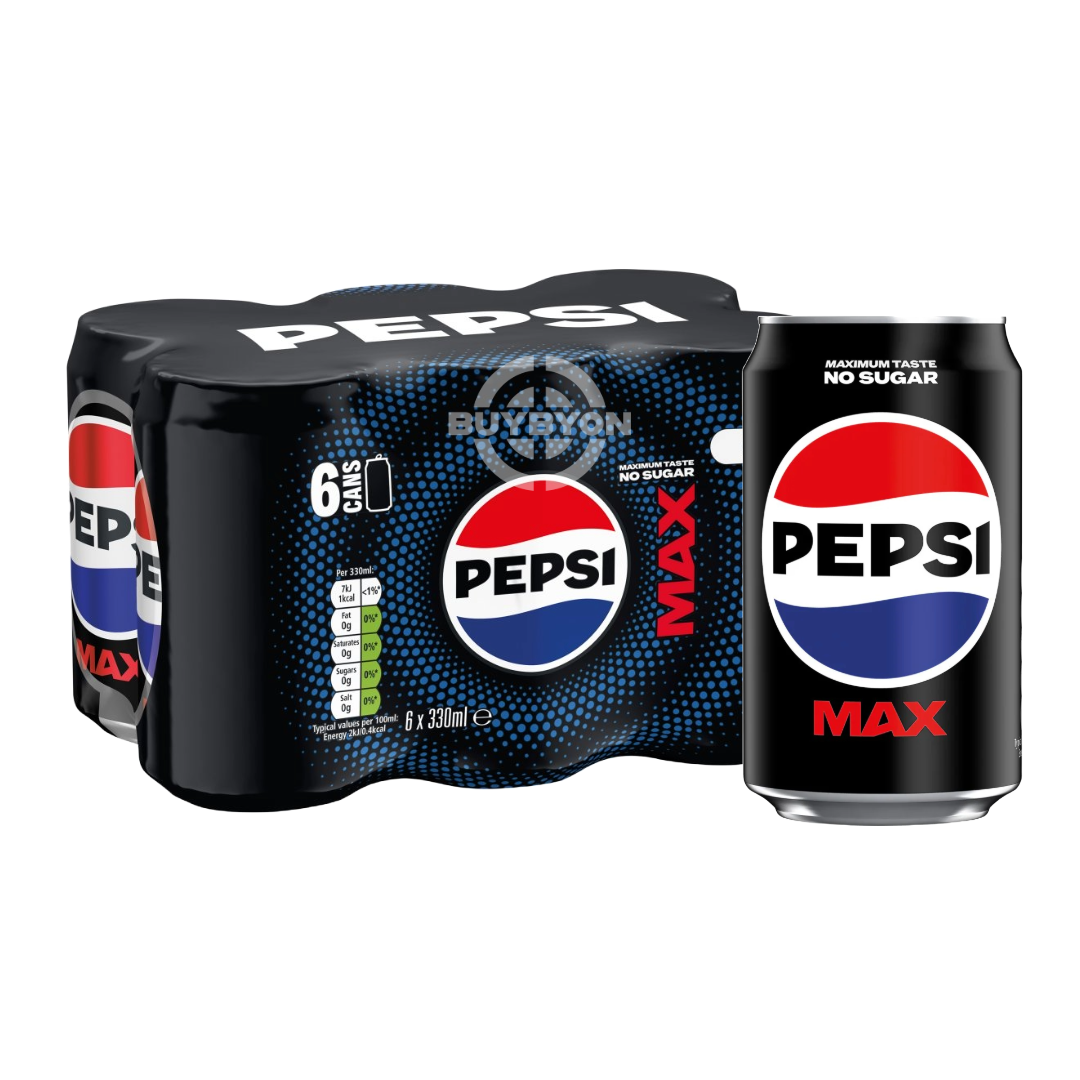 Pepsi Max No Sugar Cola Cans - 330ml Case of 6, featuring sleek black cans, known for their bold, refreshing cola taste with zero sugar.