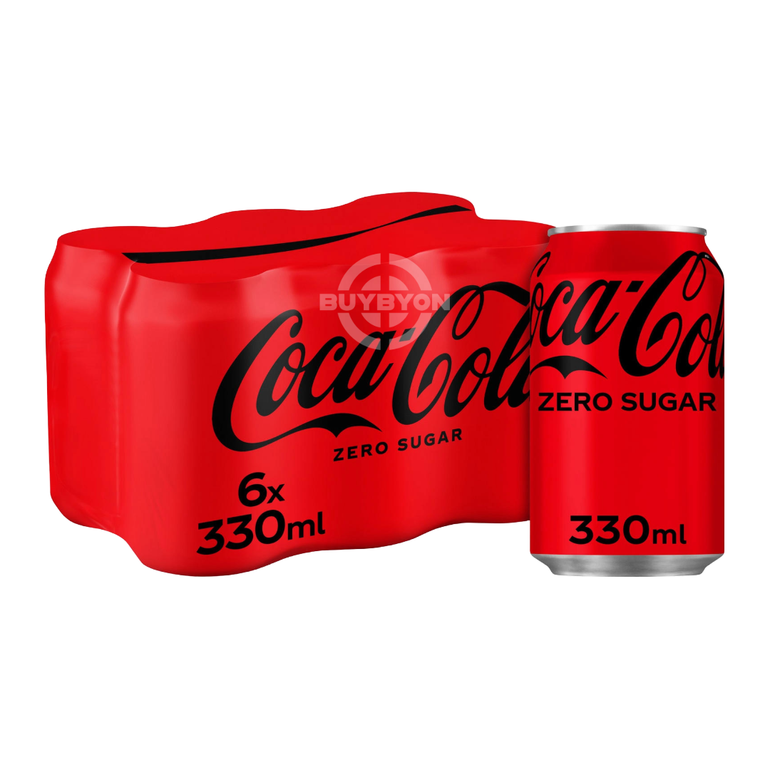 Coca-Cola Zero Sugar - 330ml Case of 6 cans, featuring iconic red and black packaging, known for its classic Coca-Cola taste with zero sugar.