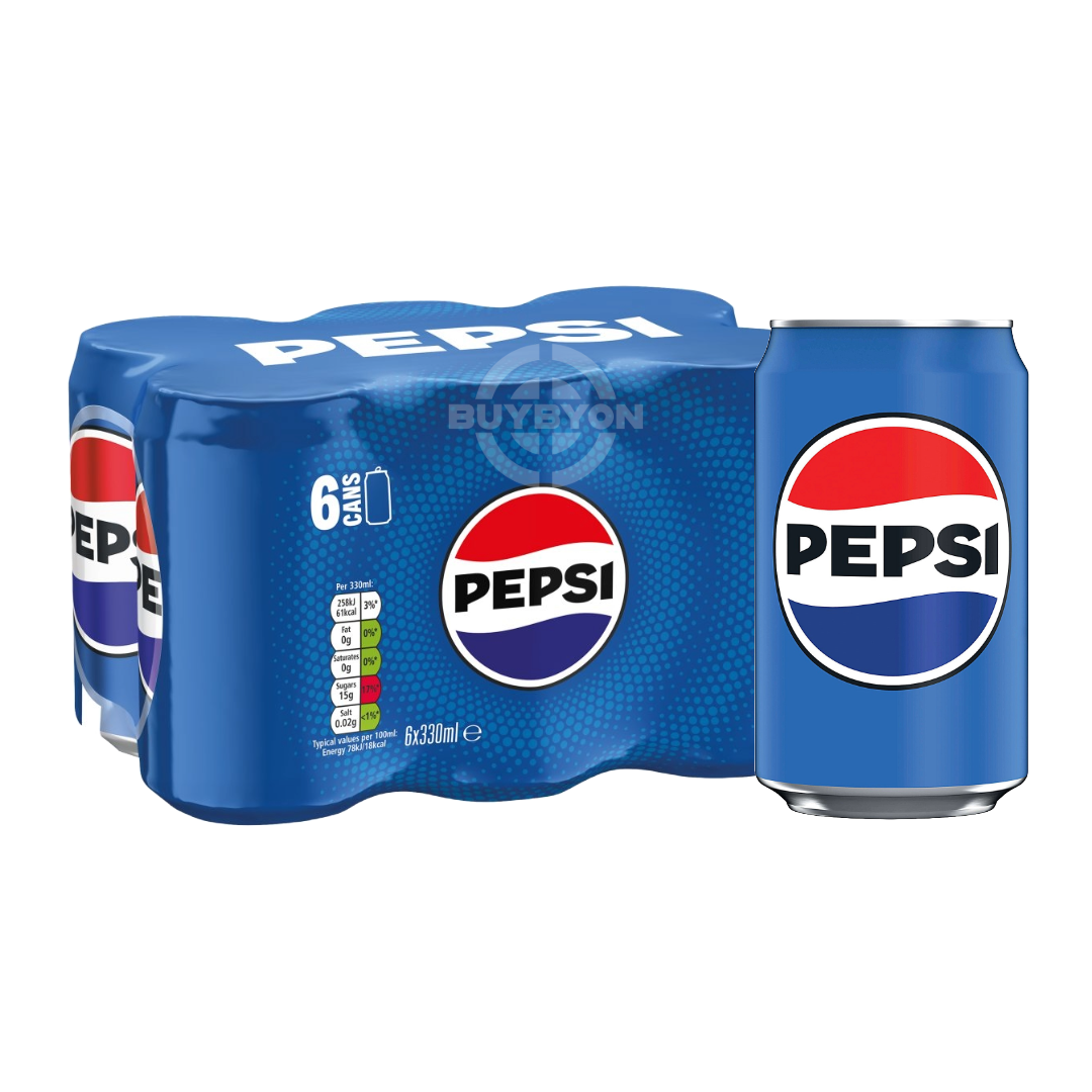 Pepsi Cola Cans - 330ml Case of 6, featuring the iconic blue packaging, known for its bold, refreshing taste and classic cola flavour.