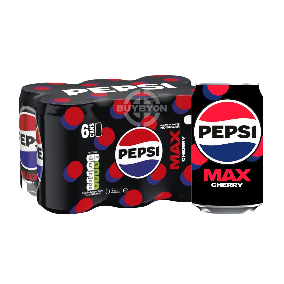 Pepsi Max Cherry No Sugar Cola - 330ml Case of 6 cans, featuring vibrant cherry flavour and zero sugar, with classic Pepsi Max branding.