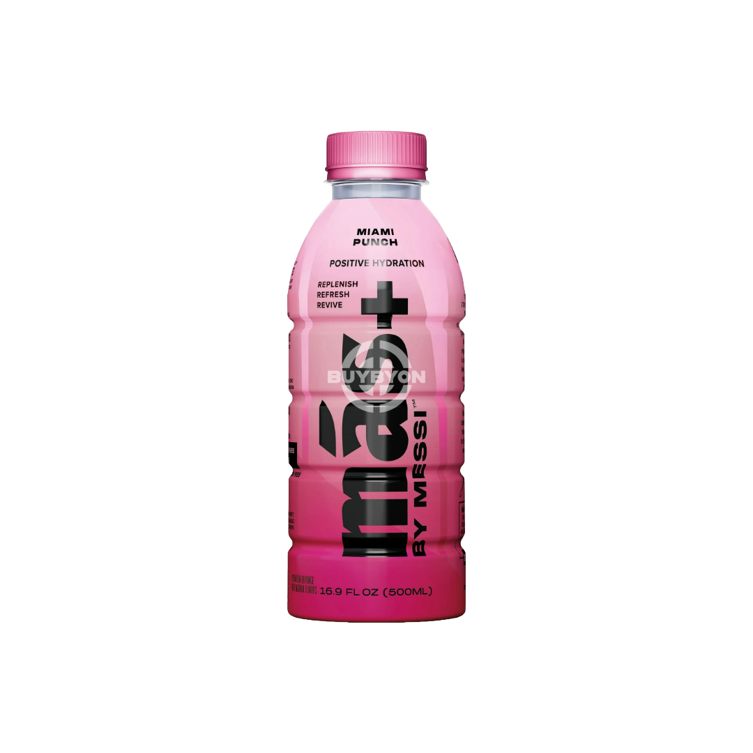 MAS+ Hydration By Lionel Messi Miami Punch - 500ml bottle featuring vibrant Miami Punch design, highlighting premium ingredients and optimal hydration benefits for athletes and active individuals.