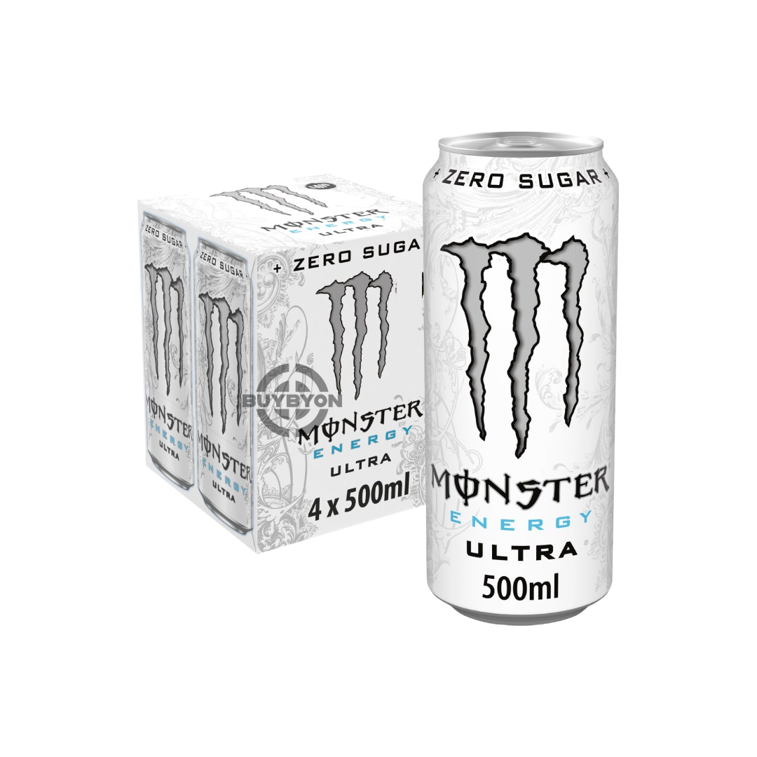 Monster Energy Drink Ultra Zero Sugar - 500ml Case of 4 cans, featuring bold, sleek packaging and offering a zero-calorie energy boost.