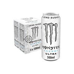 Monster Energy Drink Ultra Zero Sugar - 500ml Case of 4 cans, featuring bold, sleek packaging and offering a zero-calorie energy boost.