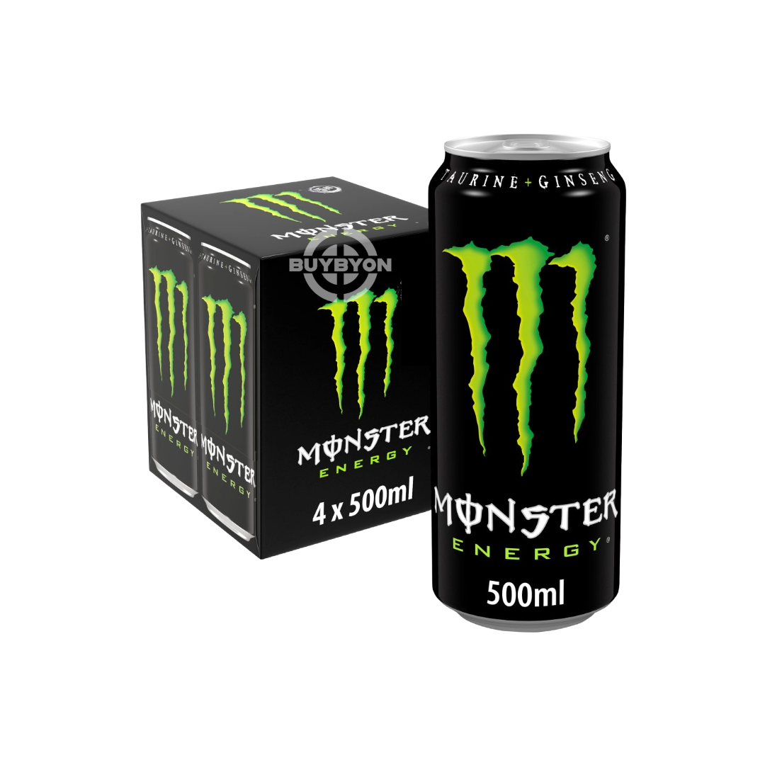 Monster Energy Drink - 500ml Case of 4 cans, featuring the iconic black and green design, known for delivering a powerful energy boost.