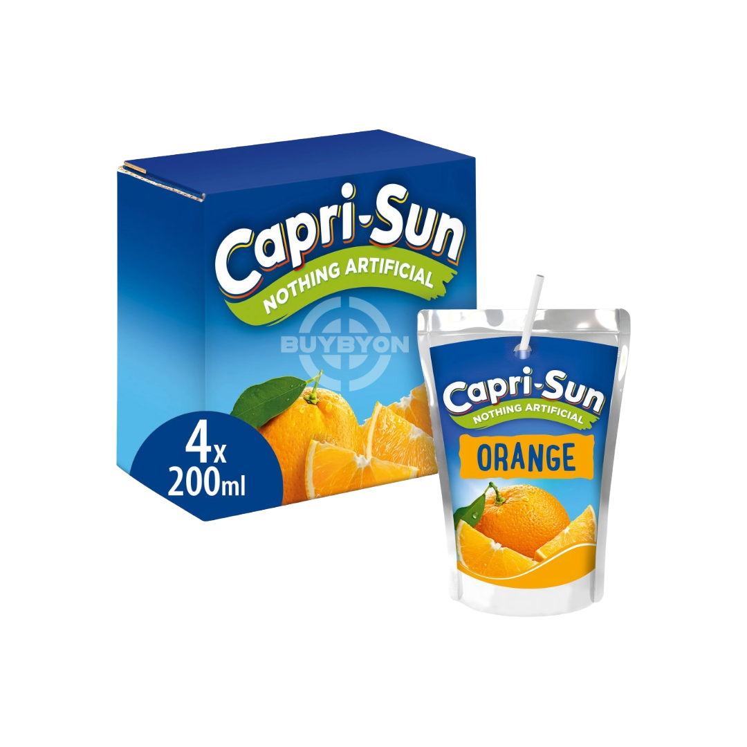 Capri Sun Orange - 200ml Case of 4 pouches, featuring a refreshing citrus flavour with real fruit juice, ideal for convenient and nutritious hydration.