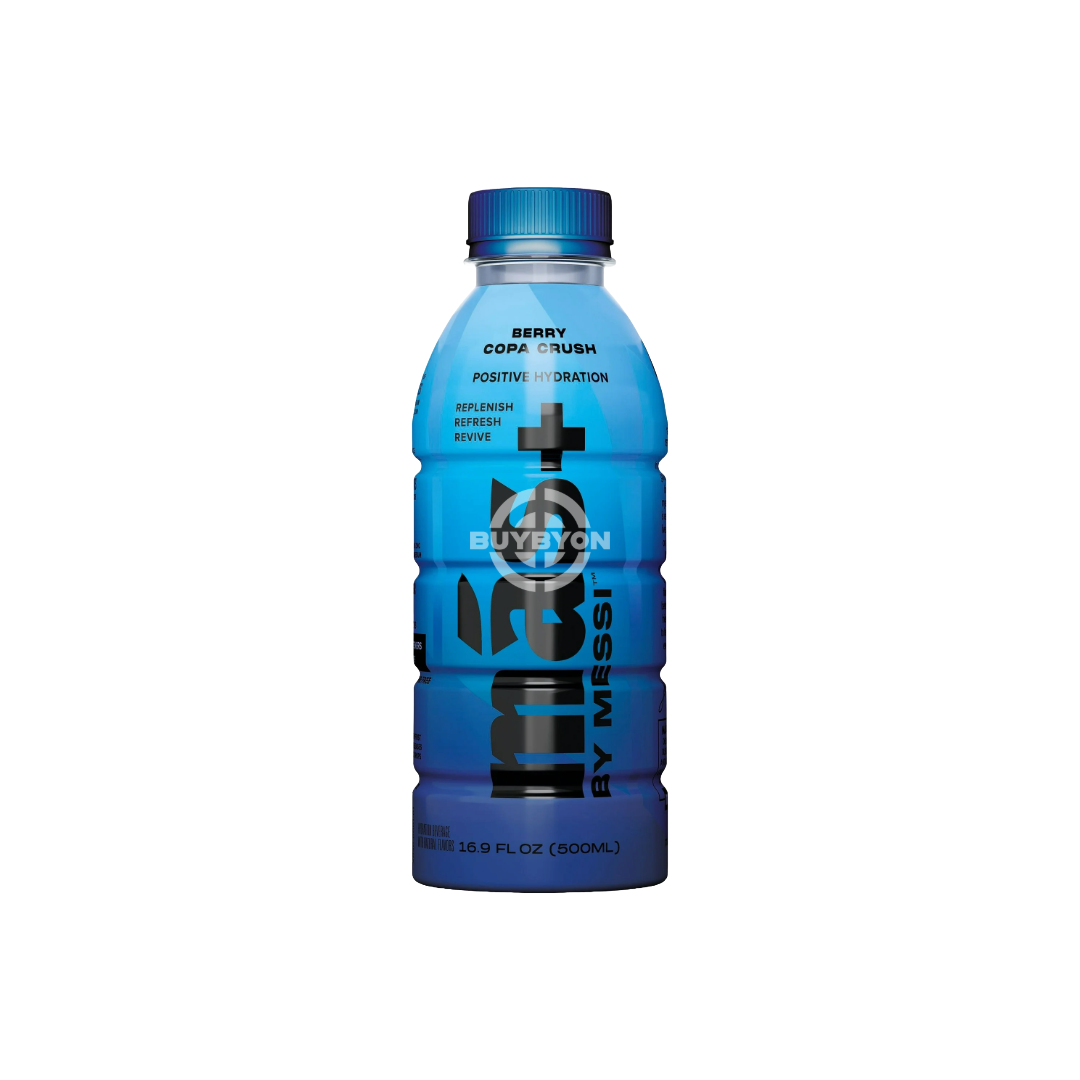 MAS+ Hydration By Lionel Messi Berry Copa Crush - 500ml bottle, featuring a refreshing berry flavour and superior hydration formula endorsed by Lionel Messi.