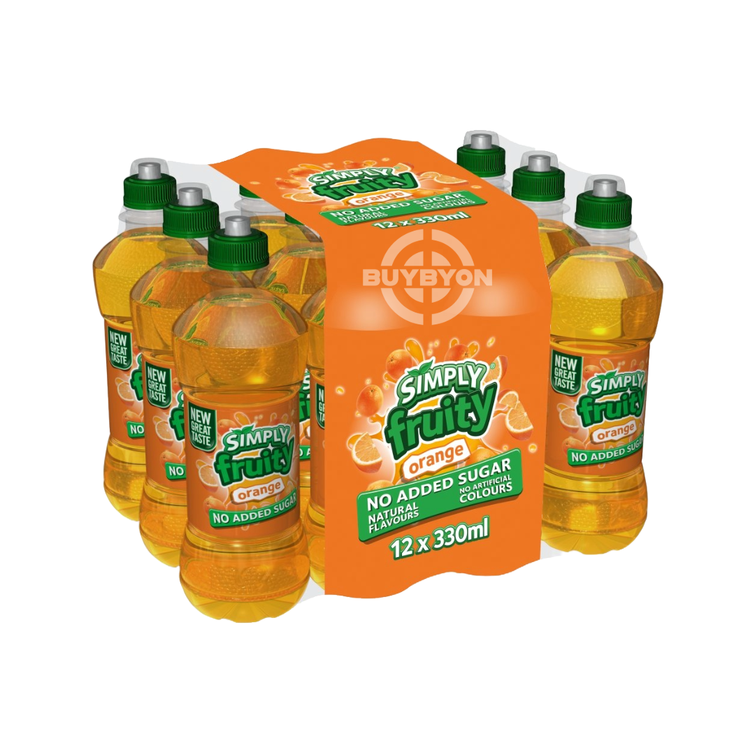 Simply Fruity Orange - 330ml Case of 12 cans, featuring vibrant orange juice with a refreshing, natural taste and 100% pure orange content.