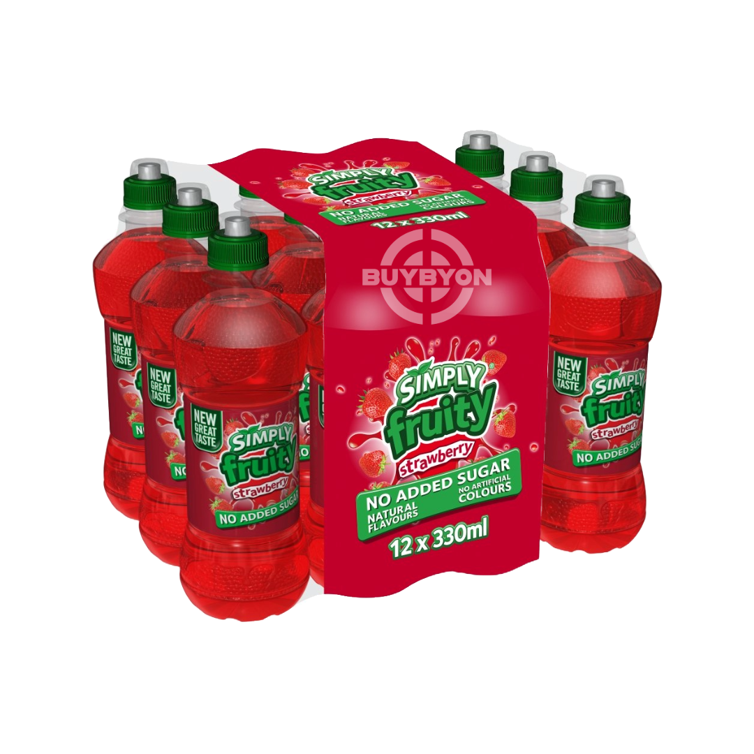 Simply Fruity Strawberry - 330ml Case of 12 bottles, featuring vibrant strawberry juice known for its natural fruit flavour and refreshing taste.