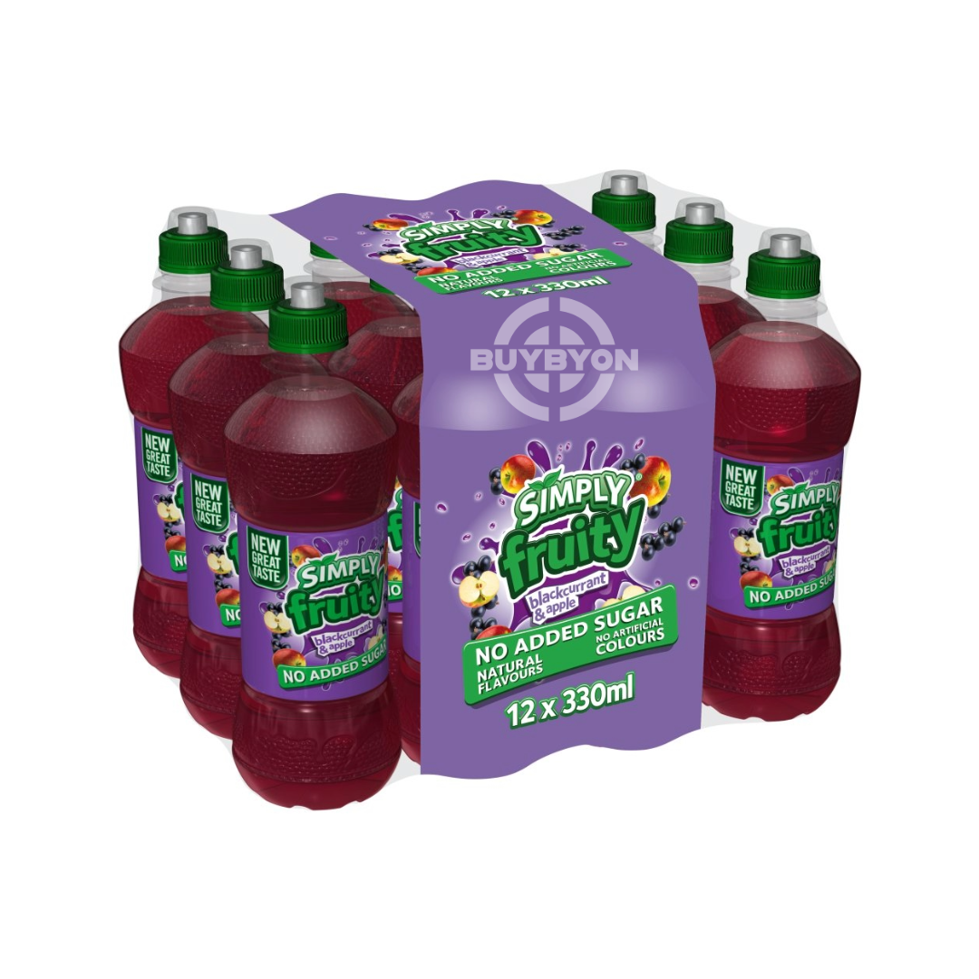 Simply Fruity Blackcurrant & Apple - 330ml Case of 12 bottles, featuring a refreshing fruit juice blend with a mix of blackcurrant and apple flavours.